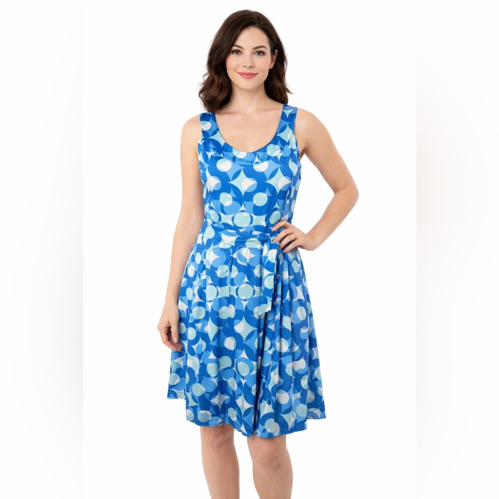 Calvin Klein Blue Geometric Fit & Flare Sleeveless Dress Size 10 Lined P…